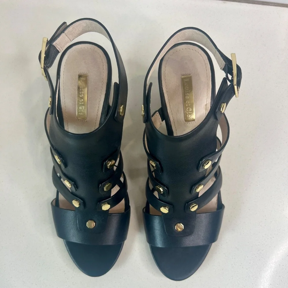 Louise et Cie Lo-Vira black leather sandals, tortoise color block heel - Picture 4 of 15